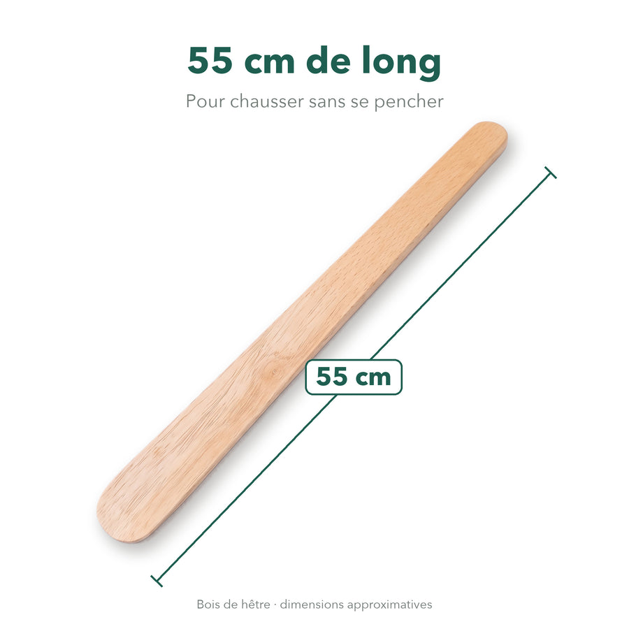 Chausse-pied en hêtre de 55 cm de long, cote indiquée le long du manche