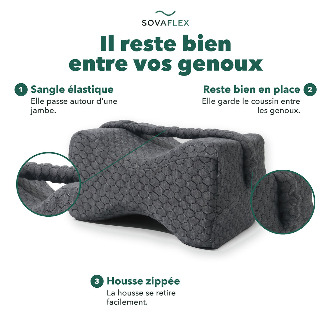 Coussin genoux en détail : il reste bien entre vos genoux grâce à la sangle, housse zippée
