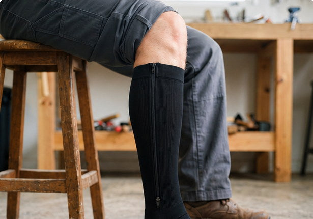Bas de contention zippé SovaFlex noir porté à l'atelier, pantalon retroussé au genou