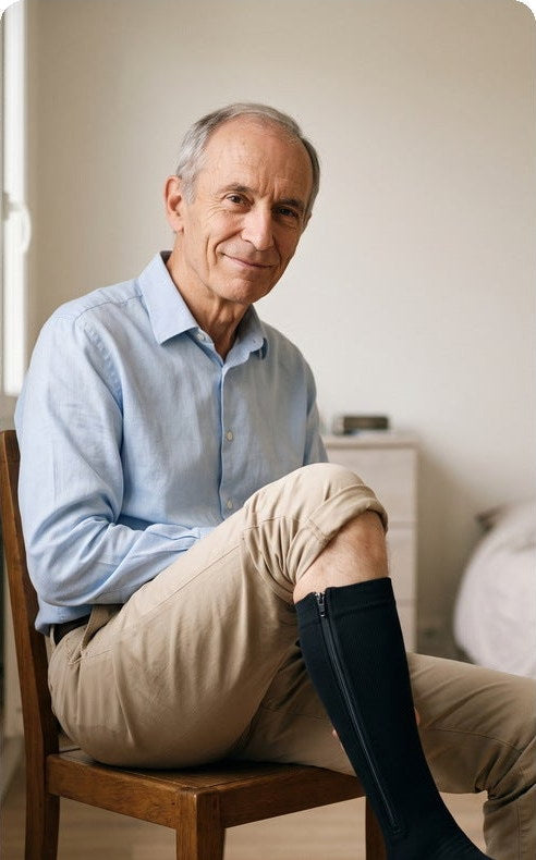 Homme de plus de 70 ans assis, souriant, avec un bas de contention zippé SovaFlex noir Image