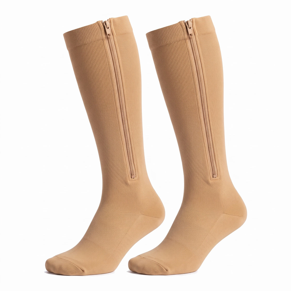 Paire de bas de contention zippés SovaFlex couleur beige, 15-20 mmHg, sur fond blanc