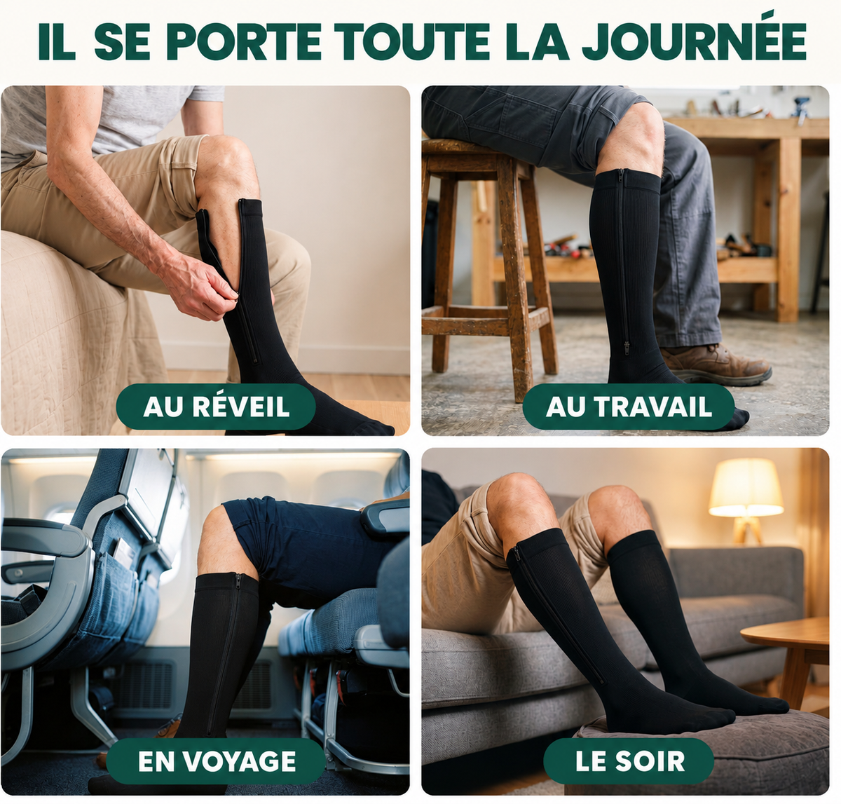 Bas de contention zippé SovaFlex : fermeture éclair latérale sur toute la hauteur du mollet