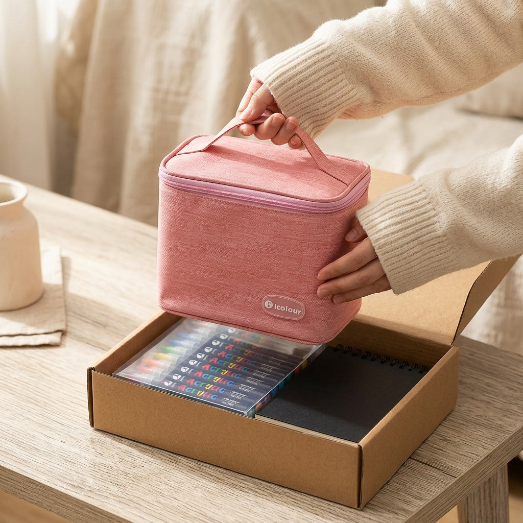 Carnet d'art Sova Sketch A5 ouvert posé sur table avec feutres et pochette de transport