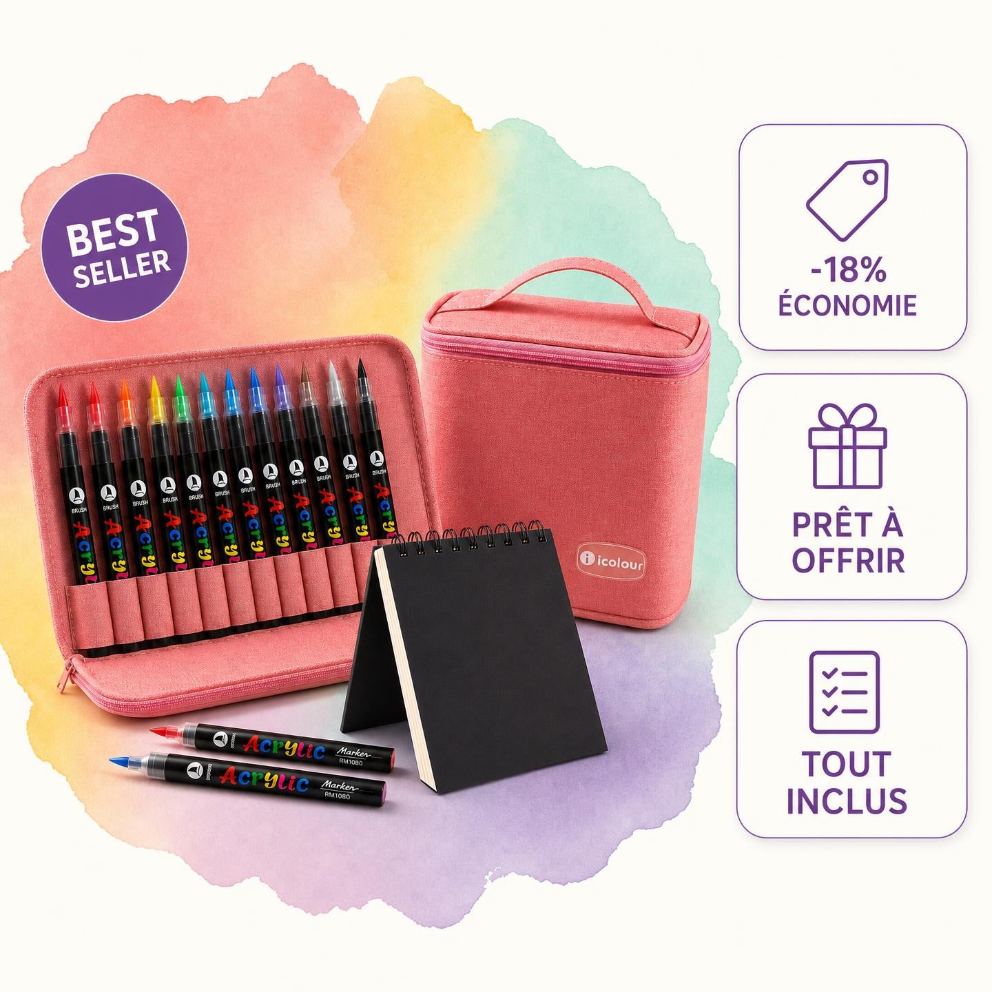Pack Atelier Sova Création — 36 feutres acryliques, carnet d'art A5 et pochette de transport