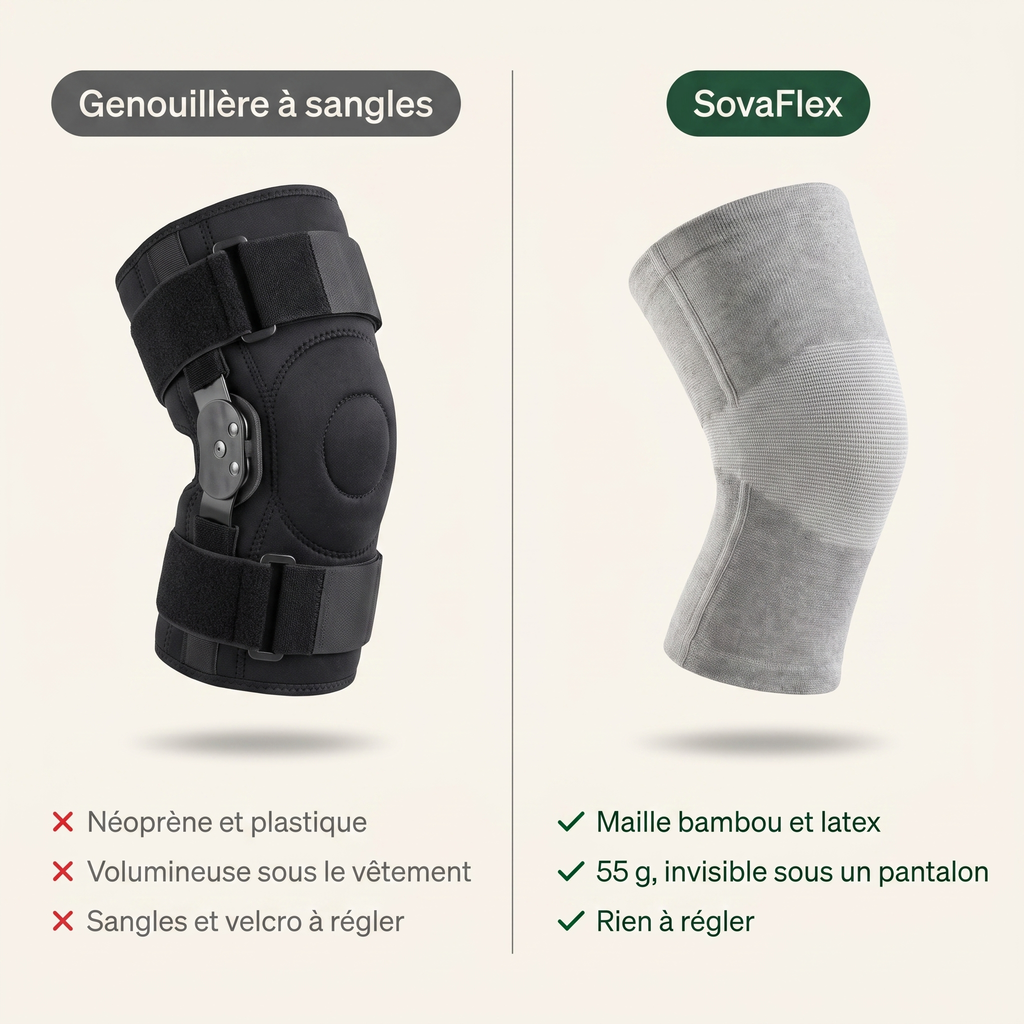 Comparatif : genouillère à sangles en néoprène face à la genouillère en maille SovaFlex