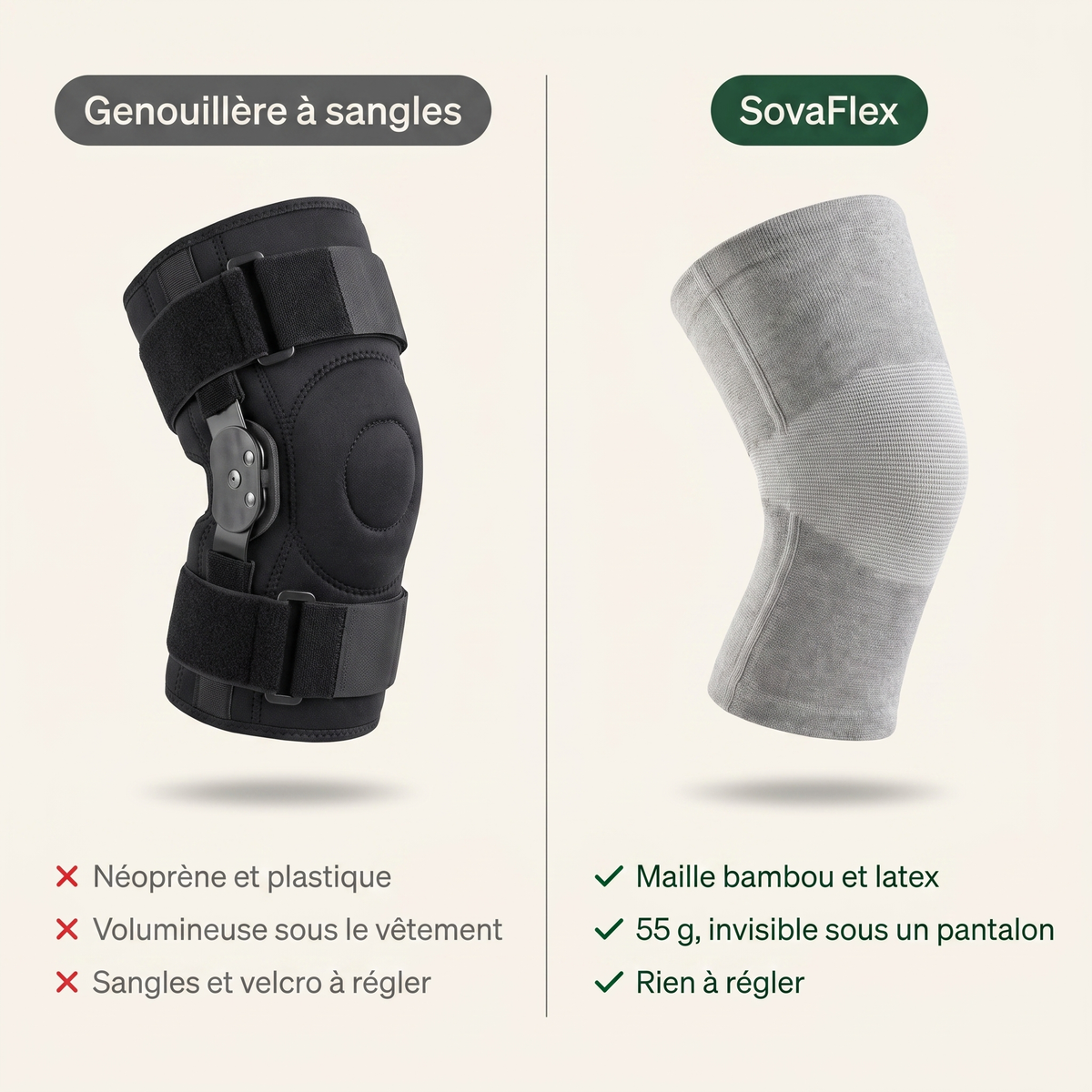 Comparatif : genouillère à sangles en néoprène face à la genouillère en maille SovaFlex