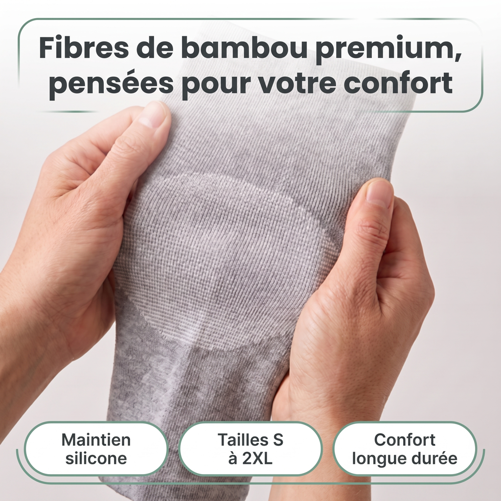 Deux mains étirent la genouillère SovaFlex : fibres de bambou premium, maintien silicone, tailles S à 2XL