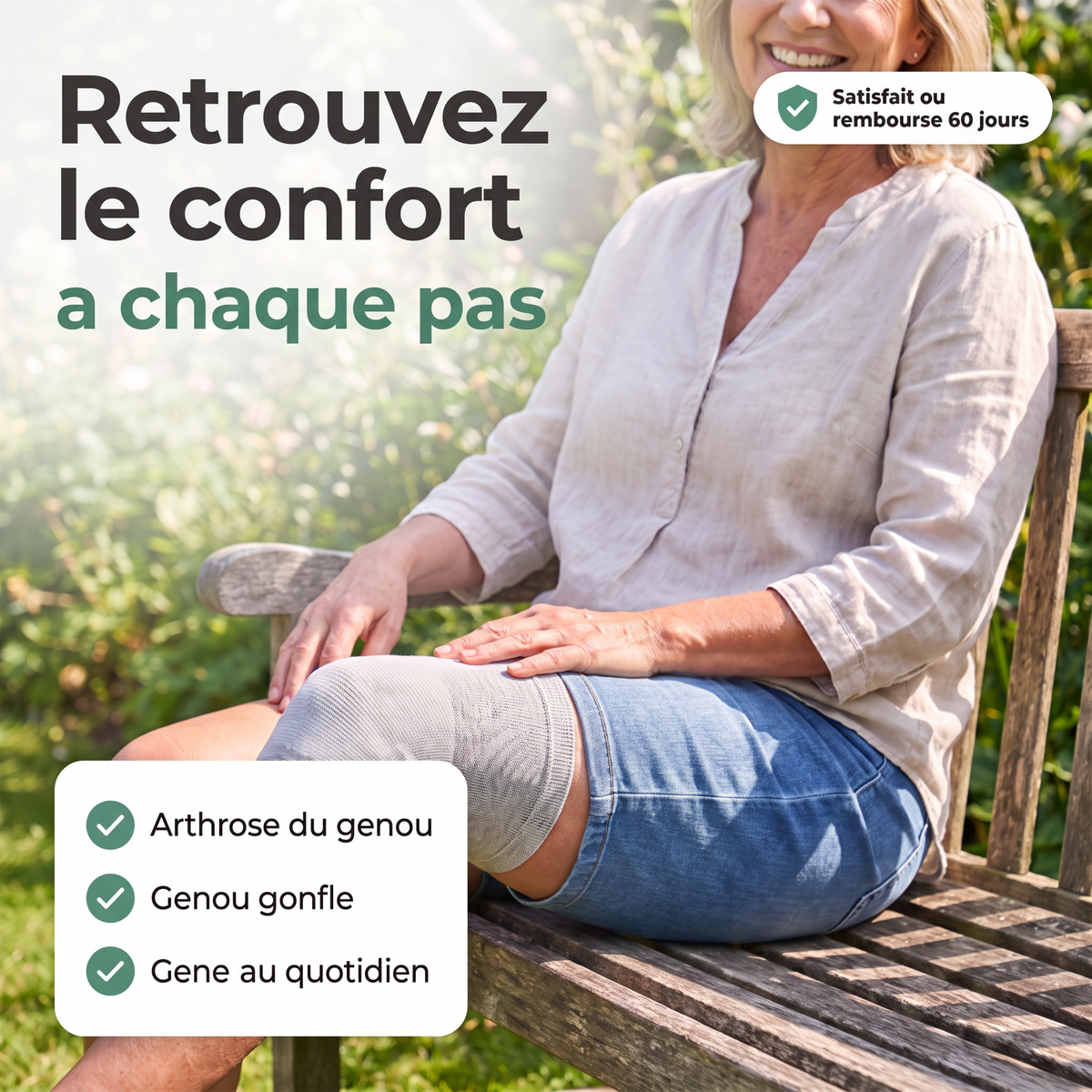 Femme souriante assise sur un banc de jardin portant la genouillère SovaFlex