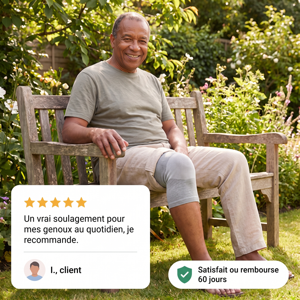 Homme souriant assis sur un banc de jardin portant la genouillère SovaFlex