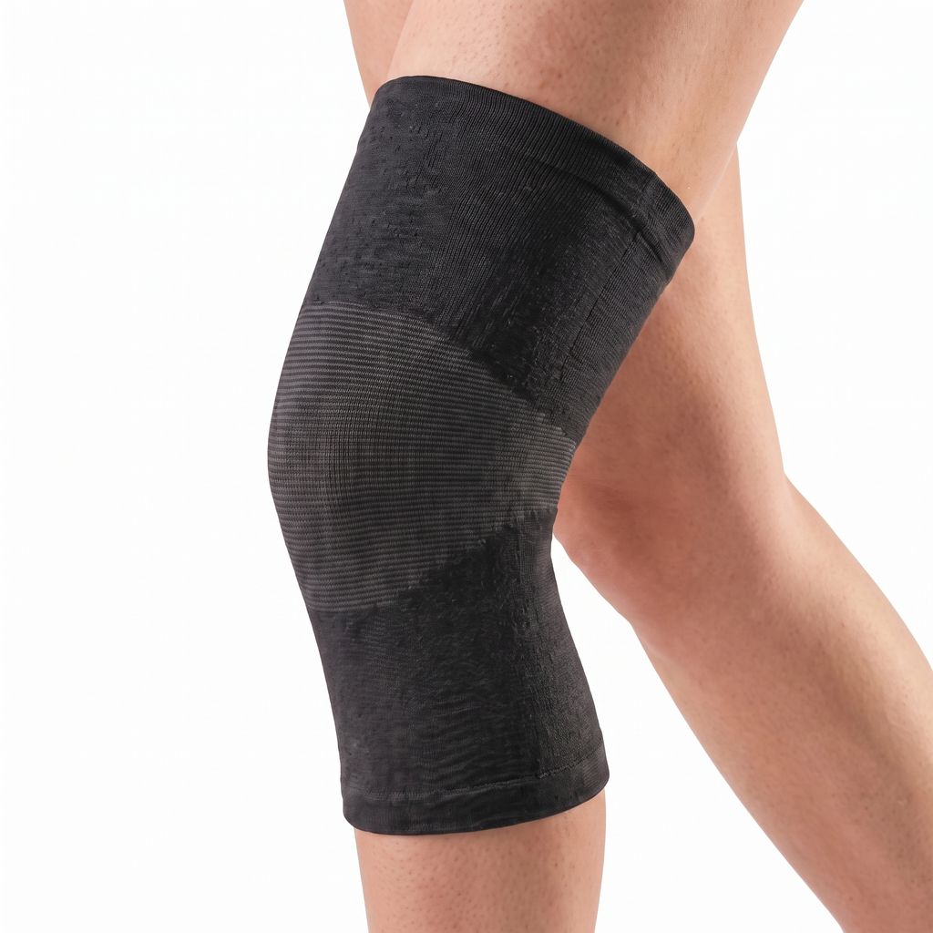 Genouillère de compression SovaFlex noire portée, vue de profil