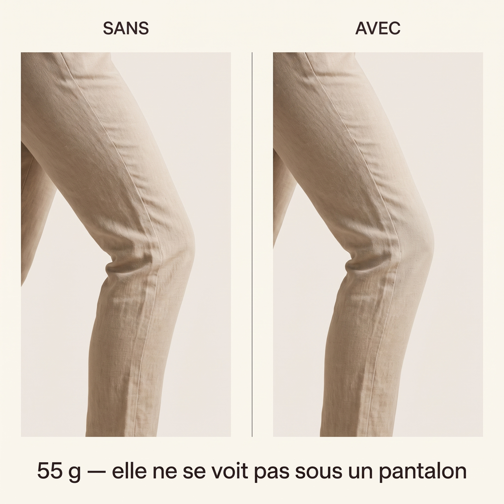 Sans et avec la genouillère SovaFlex sous un pantalon : 55 g, elle ne se voit pas