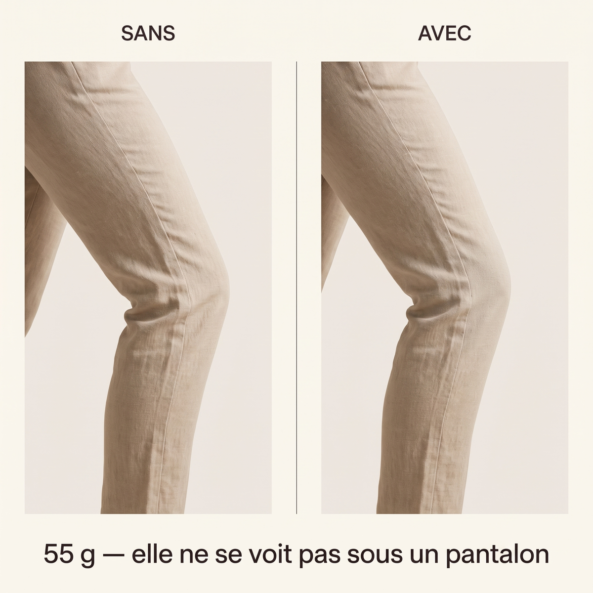 Sans et avec la genouillère SovaFlex sous un pantalon : 55 g, elle ne se voit pas