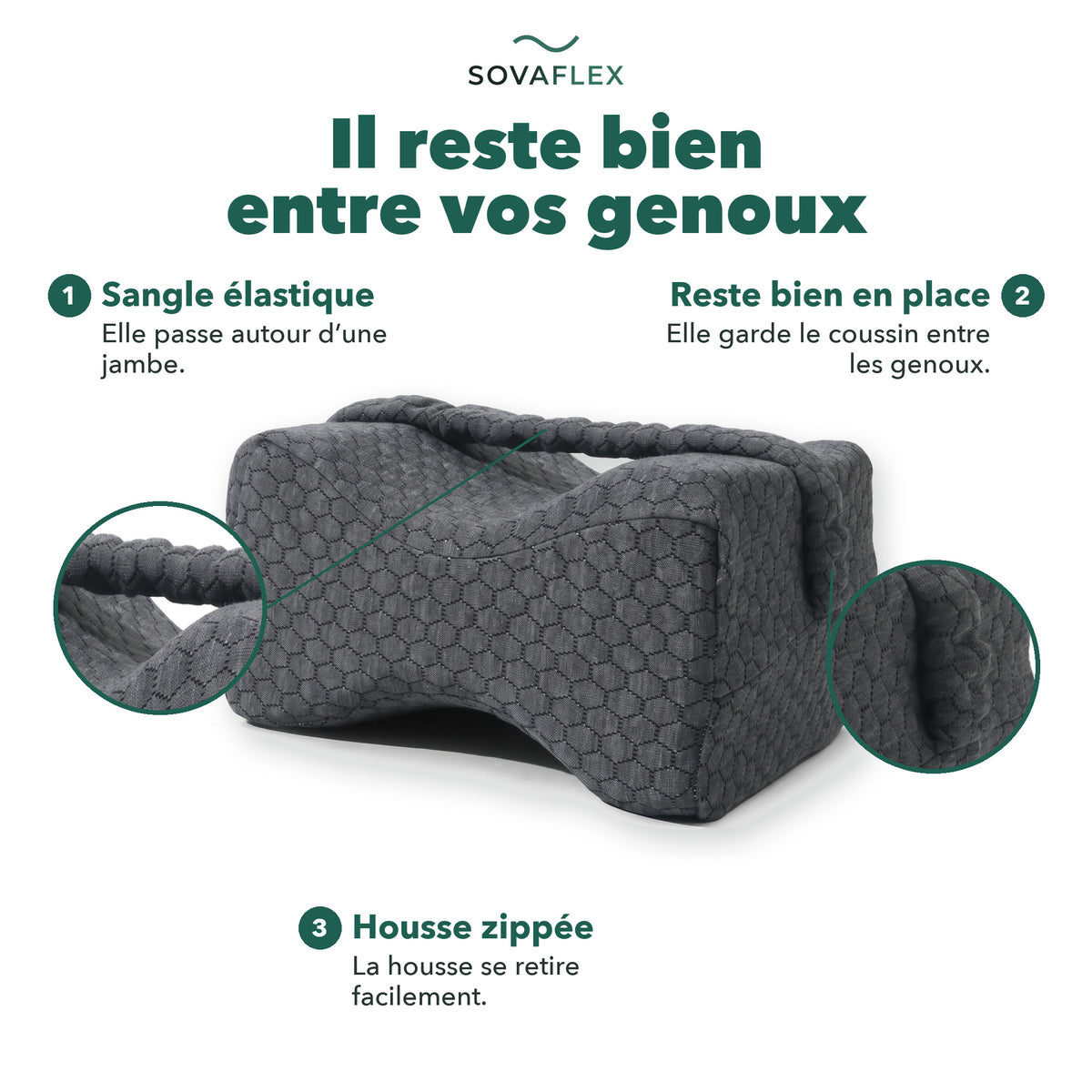 Coussin genoux en détail : il reste bien entre vos genoux grâce à la sangle, housse zippée