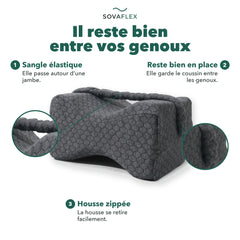 Coussin genoux en détail : il reste bien entre vos genoux grâce à la sangle, housse zippée