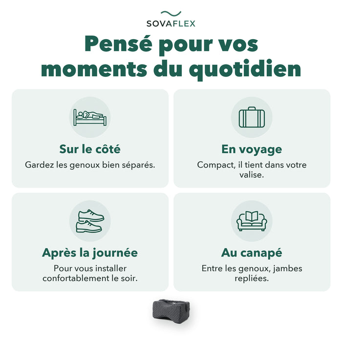 Coussin genoux pensé pour vos moments du quotidien : sur le côté, en voyage, le soir, au canapé