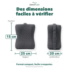 Dimensions du coussin genoux : environ 25 cm de large, 15 cm de haut, 20 cm de profondeur