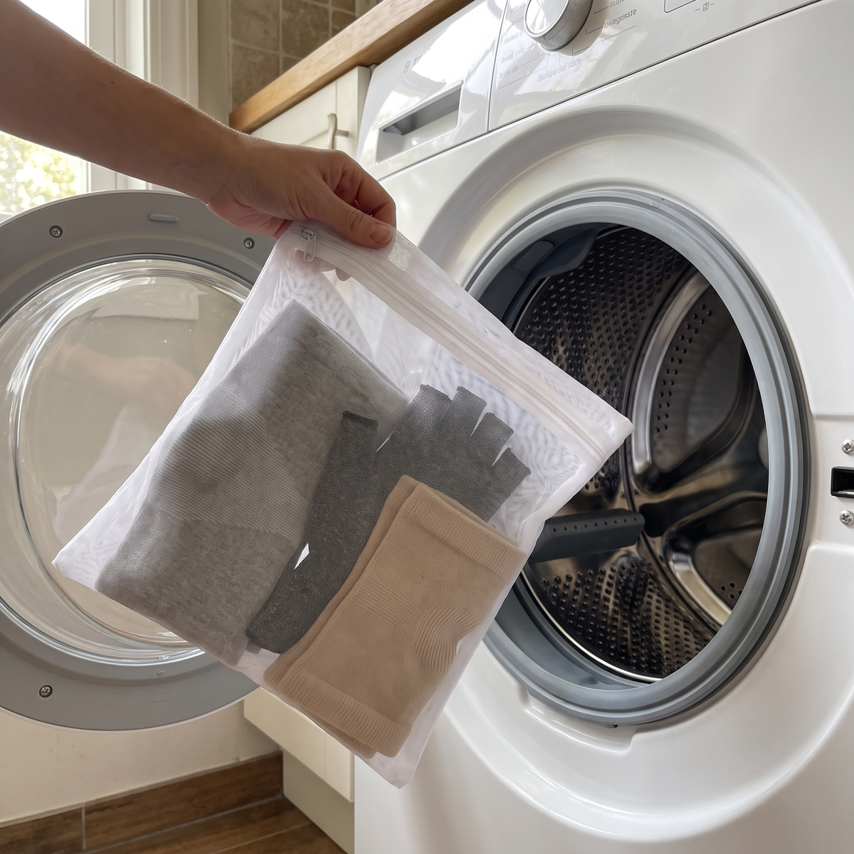 Filet de lavage SovaFlex avec produits de compression près du tambour du lave-linge
