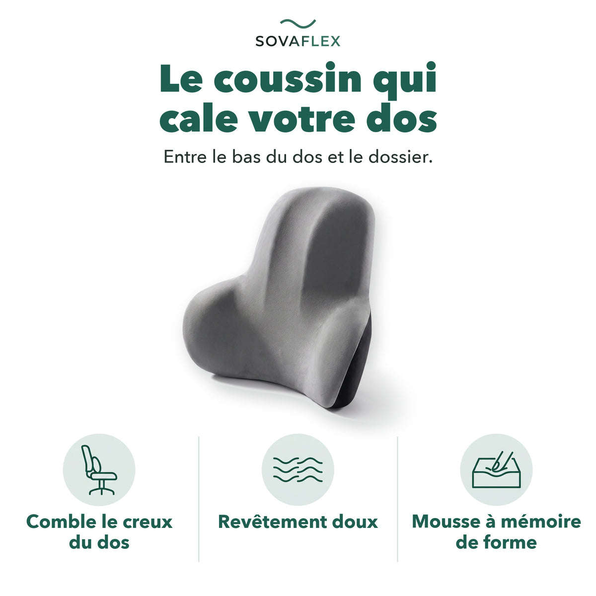 Coussin lombaire SovaFlex gris : le coussin qui cale votre dos entre le bas du dos et le dossier, mousse à mémoire de forme