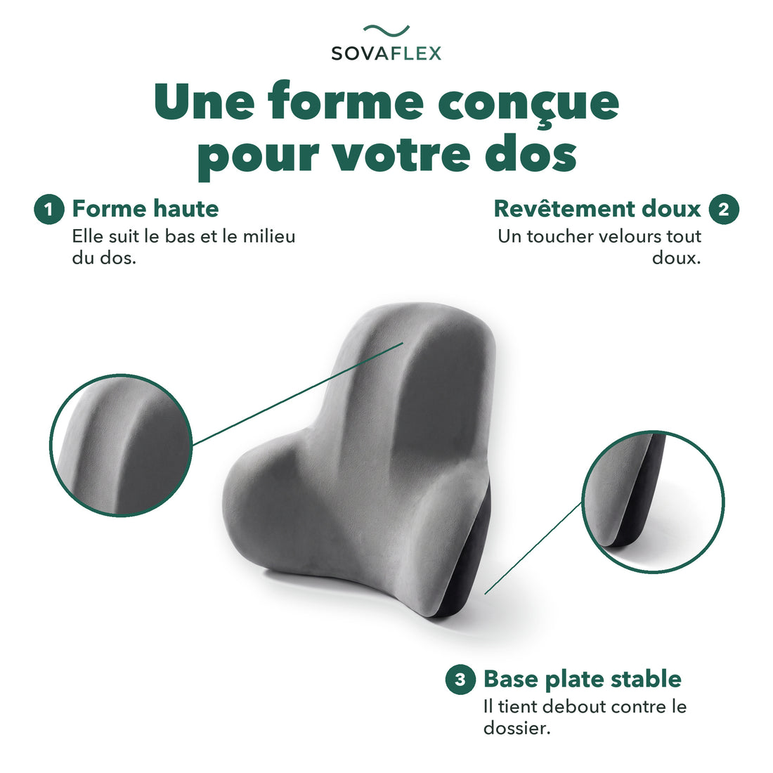 Coussin lombaire en détail : une forme conçue pour votre dos, toucher velours, base plate stable