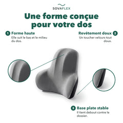 Coussin lombaire en détail : une forme conçue pour votre dos, toucher velours, base plate stable