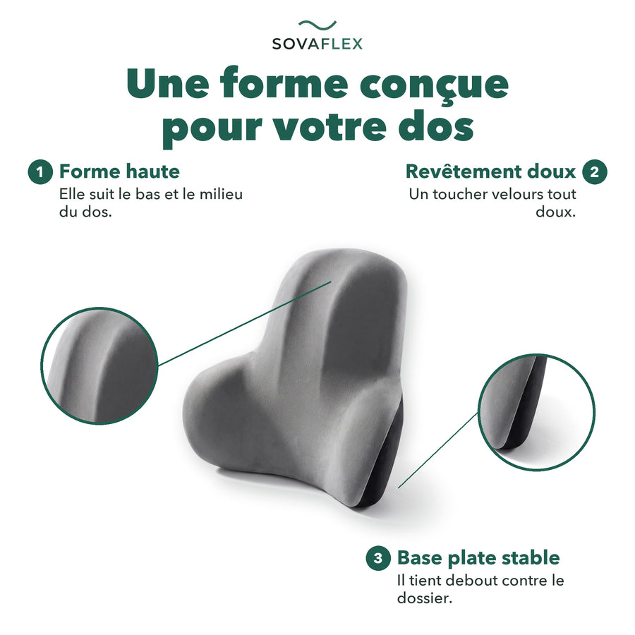 Coussin lombaire en détail : une forme conçue pour votre dos, toucher velours, base plate stable