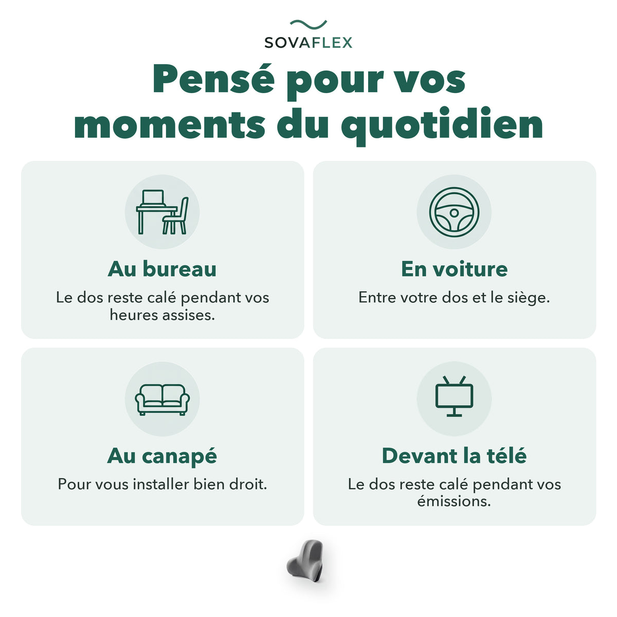 Coussin lombaire pensé pour vos moments du quotidien : au bureau, en voiture, au canapé, devant la télé