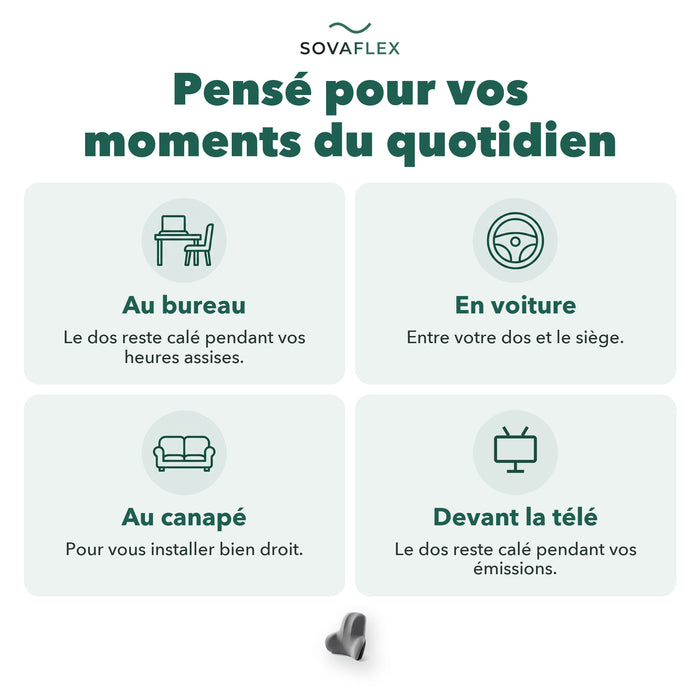 Coussin lombaire pensé pour vos moments du quotidien : au bureau, en voiture, au canapé, devant la télé