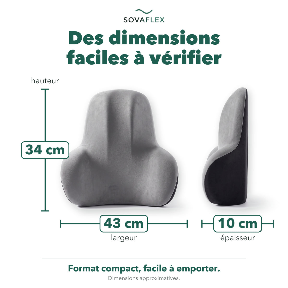 Dimensions du coussin lombaire : environ 43 cm de large, 34 cm de haut, 10 cm d'épaisseur