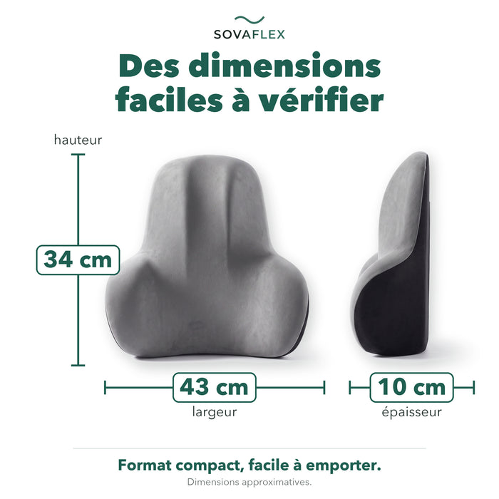 Dimensions du coussin lombaire : environ 43 cm de large, 34 cm de haut, 10 cm d'épaisseur