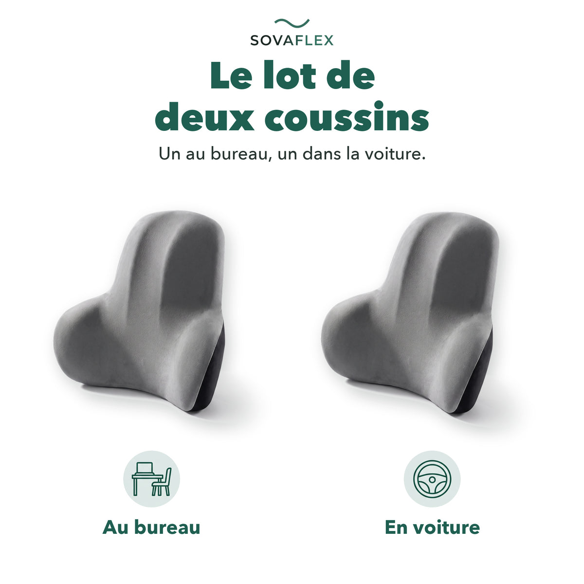 Lot de deux coussins lombaires, un au bureau et un dans la voiture