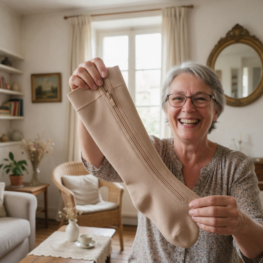 Bas de compression zippé SovaFlex tenu à la main